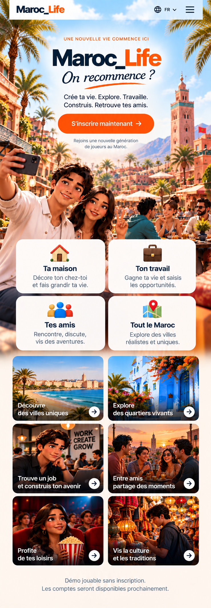 Maroc Life, composition mobile verticale 9:16 avec personnages, bouton d'inscription et cartes de présentation